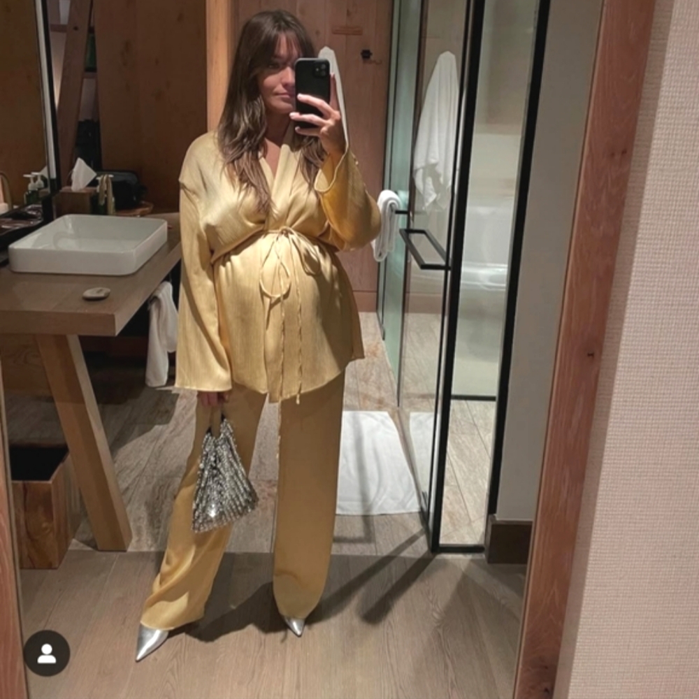 Zara 2 pieces set belted pleated kimono and pleated wide leg pants yellow NWT - Picture 7 of 16